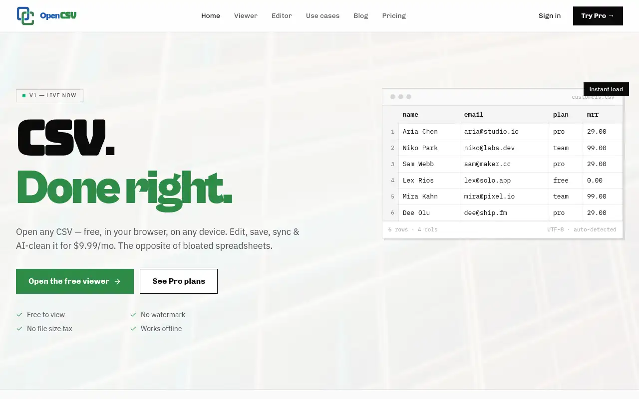 Full screenshot of the OpenCSV interface